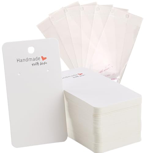 CREATCABIN 100 présentoir à Boucles d'oreilles 100 sachets Auto Adhésifs 5x9cm Blanc pour Bijoux en Vrac Étiquettes en Papier Kraft à Suspendre pour...