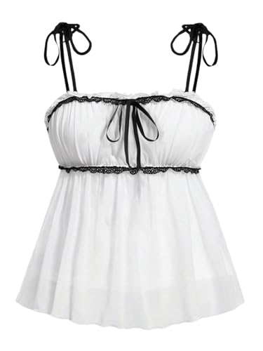 Verdusa Women's Plus Size Contrast Lace Babydoll Top Tie Shoulder Peplum Bustier Cami Top