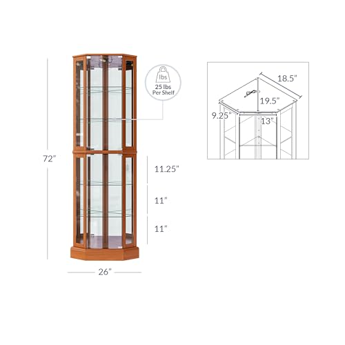 Image of BELLEZE Lighted Curio Cabinet Corner Display Case for Living Room, China Hutch with Tempered Glass Doors and Shelves, Wooden Accent Cabinet, Bar and Liquor Storage Area - Ashfield (Oak)