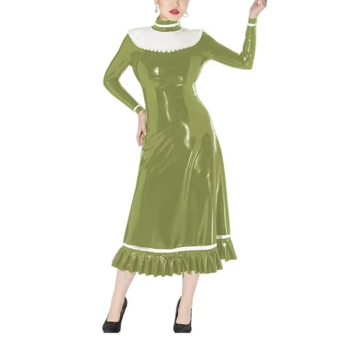 Robe de soirée trapèze mi-longue d'exception, finitions volants et col haut en PVC brillant