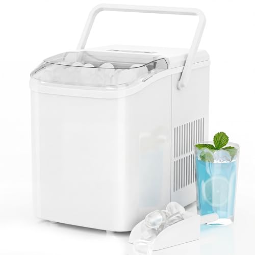 KMFurnila Ice Makers Countertop, Portable Ice Machine with Handle, 6 Mins 9 Bullet Ice Cubes with Basket and Scoop, 26lbs in 24Hrs, Auto-Cleaning, for Home, Kitchen, RV, Camping, White