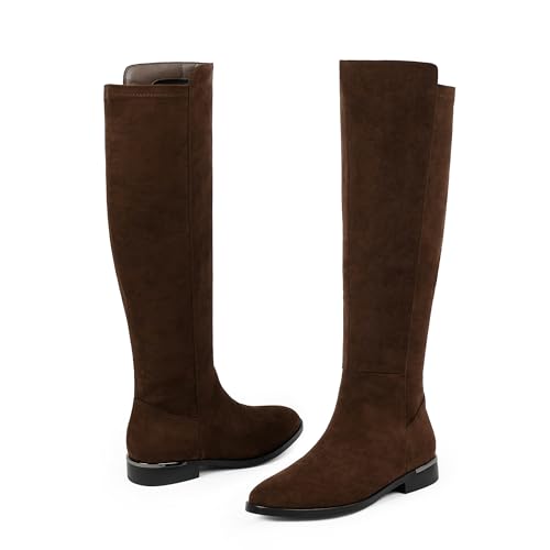 Image of Modatope Rounded Toe Flat Stretchy Dress Knee High Boots Side Zipper | Suede Elastic Fall Winter Boots, Low Chunky Block Heel Riding Boots,2026 Fashion Womens Tall Long Boots