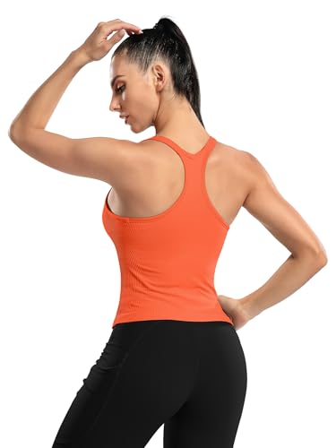 Image of ATTRACO Ribflex Ribbed Workout Crop Tops with Built in Bra for Women Yoga Racerback Tank Top Slim Fit