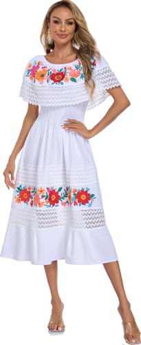 Image of YZXDORWJ Women Embroidered Mexican Peasant Casual Sexy Lace Off-Shoulder Long Dress