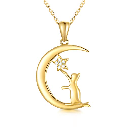 Blocaci 14K Solid Gold Cat Necklaces Moissanite Necklaces for Women Dainty Pendant Necklace Yellow Gold 18