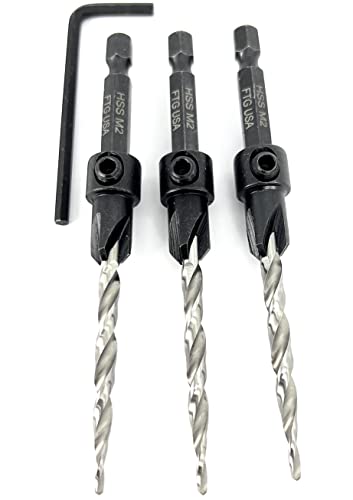 Image of FTG USA #10 (3 /16 inch) Wood Countersink Drill Bit 3-Pc Set with Hex Key | Convenient 3-pack of identical tapered bits for woodworking. Includes 1 Allen wrench hex key for easy adjustments