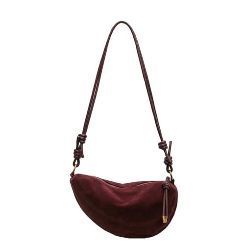 HAUTFENM Schultertasche Damen Faux Wildleder -Party -Taschen Für Frauen Hobo Umhängetasche Single Crossbody Sac Aberarm Dumpling Sweet Nierentaschen 2025 Neu-Burgund