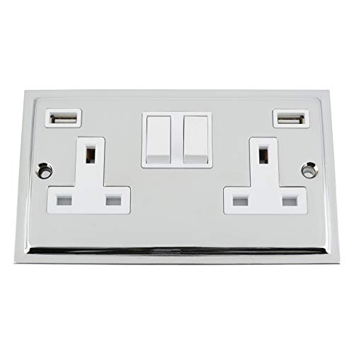 Slimline Polished Chrome USB Socket 2 Gang White Insert Plastic Rocker Switch 3.1