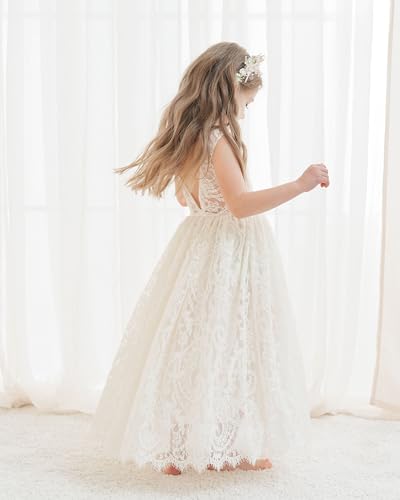 VEYOLOB Flower Girl Dress A-line Floor-Length Lace Sleeveless Toddler Girl Dresses for Wedding Garden First Communion4