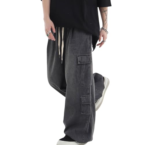 chouyatou Men's Wide Leg Baggy Denim Pants Drawstring Elastic Waist Y2k Street Cargo Jeans with Pockets