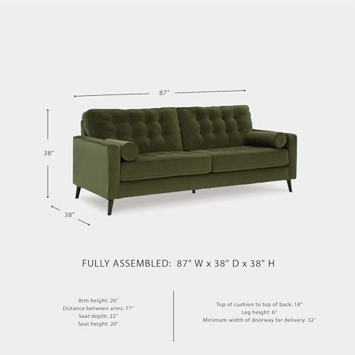 Image of Signature Design by Ashley Olive Green Velvet Sofa, No Assembly | 87-in couch, Sag-resistant platform foundation system, Easy-clean polyester velvet, Water or solvent cleanable, Reveon Lakes