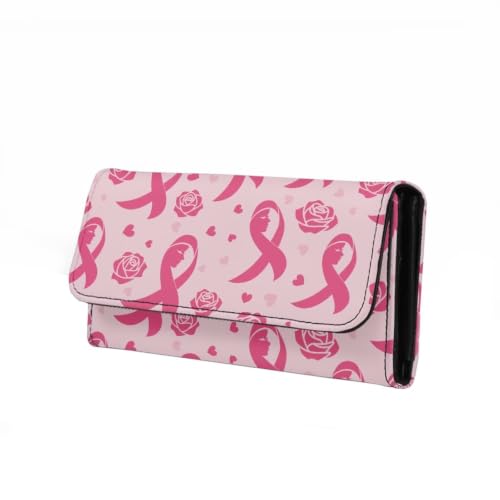 Image of AFPANQZ Womens Wallets Leather Trifold Multi Card Holder Slots Wallet | Pink Ribbon Rose Print Elegant Clutch Phone Holder Trifold Purses Zip Coins Pocket, Buckle Closure Clutch