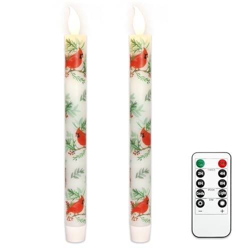 Image of MELTONE Cardinal Bird Flameless Taper Candles with Remote - Red Bird Theme LED Taper Candles for Home Xmas Holiday Party Christmas Decoration - 2PCS 9.5INCH