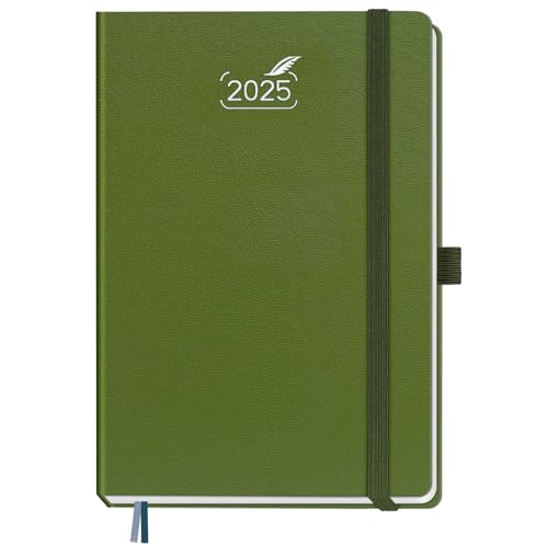 BEZEND Agenda 2025 Semana Vista A5 14,8 x 21 cm - Planificador Semanal en Español, Papel de 120 g/m² con Páginas de Notas, Pestaña Mensual, Bolsillo, Tapa Dura, Oliva