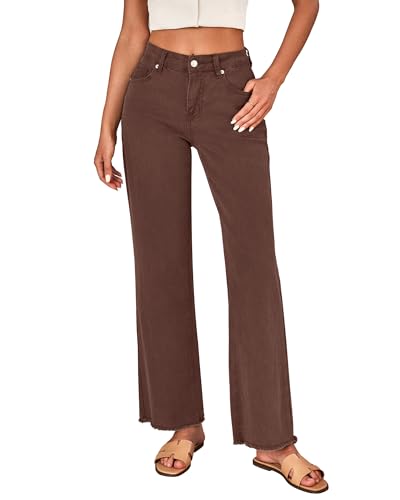 LookbookStore Wide Leg Jeans for Women Trendy High Waisted Straight Leg Frayed Hem Baggy Stretchy Denim Trousers Pants