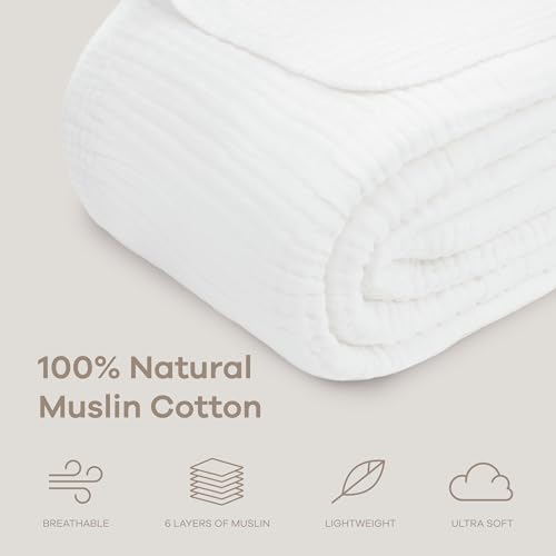Image of Comfy Cubs Muslin Throw Blanket - 50 inch x 60 inch Quilted Design - Lightweight, Breathable 6-Layer Gauze Fabric - Soft Cotton Blanket for Home or Travel - Packaged in Elegant Gift Box - White