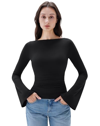 SUUKSESS Women Crew Neck Bell Sleeve Tops Double Lined Going Out Fitted Basic T Shirts Long Sleeve 2025 for Fall(Black, S)