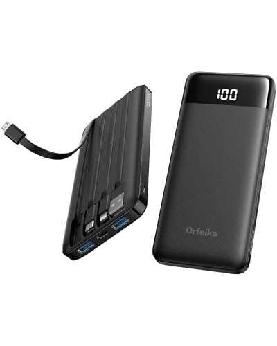 Batería externa de 10000 mAh, 4 cables integrados, 6 salidas, 3 entradas, cargador portátil USB C con pantalla LED compatible con smartphones, iPad, tabletas y más (paquete de 1)