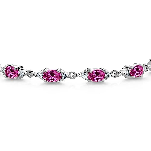 Gem Stone King 925 Sterling Silver Pink Created Sapphire and White Moissanite Tennis Bracelet For Women (6.91 Cttw, Gemstone Birthstone, Oval 6X4MM, 7 Inch)2