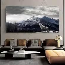 Tableau pour chambre loup sauvage et montagne enneigée sur grande toile