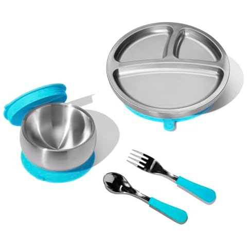 Avanchy Stainless Steel Baby Bowl + Plate with Spoon, Storage Lid and Removable Silicone Suction Base – Non-Toxic, BPA-Free Feeding Bowl for Babies and Toddlers Cover