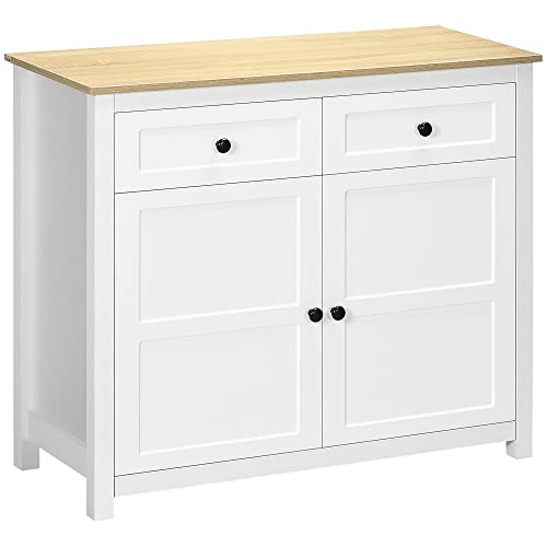 HOMCOM Meuble de Rangement Commode Buffet pour Salon, Cuisine avec 2 Portes avec étagère réglable en Hauteur 2 tiroirs - 100 x 40 x 85 cm - Blanc et Aspect Bois