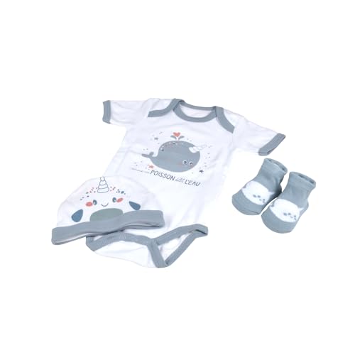 Bébé Douceur, Lot Body + Bonnet + Chaussettes Taille Naissance 100% Coton Narval Ocean
