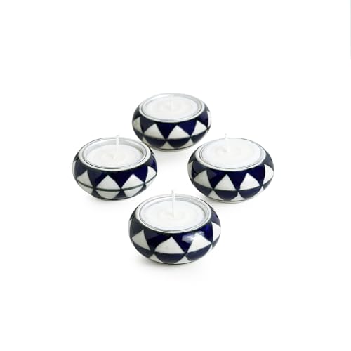 Image of ExclusiveLane 'Shimmering Mughal' Ceramic Table Tea Light Candle Holders for Home Decoration (Set of 4, Geometric Handpainted) |Tea Light Holder Decorative Tea Light Candle Holder Stand for Decoration