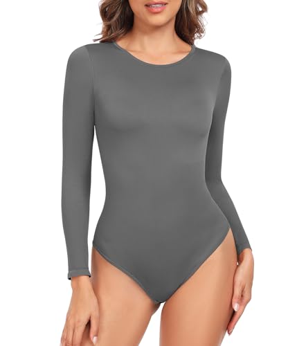 TOMEEK Body Reductor Manga Larga, Moldeador Mujer Tanga Bodysuit Cuello Redondo Elástico Sexy Shapewear Faja Reductoras Ribbed Leotard Invisible (Gris Oscuro, S)