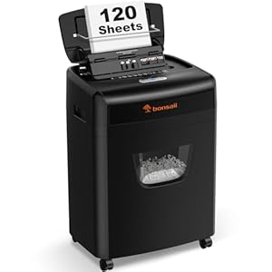 Bonsaii 120 vellen papierversnipperaar met automatische invoer, P-4 deeltjesversnipperaar, extreem stil met 62 dB, reservoir van 23 liter en 4 wielen, Autofeed-microsnij-versnipperaar voor op kantoor.