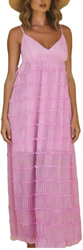 Image of Yiulangde Women's Backless Smocked Maxi Dress Sexy Spaghetti Strap Cut Out Flowy Beach Long Dress Vacation Casual Sundresses