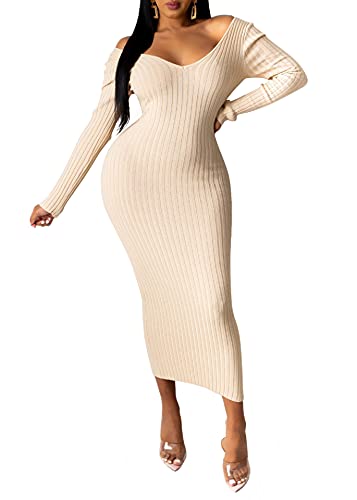 Knit Sweater Dress Pencil Fall V Neck Off Shoulder Ribbed Knit Midi Bodycon Long Sexy Dress for Women Beige L Knit Sweater Dress Pencil Fall V Neck Off Shoulder Ribbed Knit Midi Bodycon Long Sexy Dress for Women Beige L