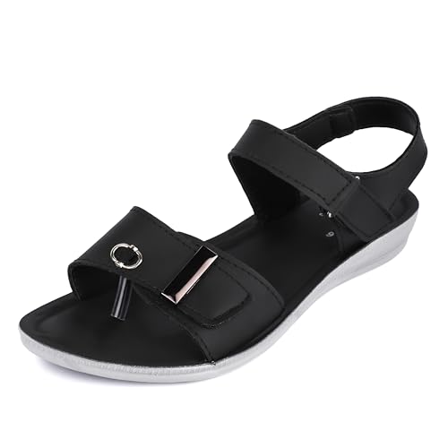 Image of Ango Women Minimal Black Flats Sandals with Premium Metallic Finish with Cushioned Sole