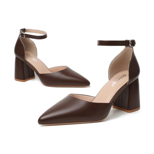 Image of RIBONGZ Block Heels for Women Closed Pointed Toe Heeled Slingback Chunky High Heel Ankle Strap Pumps Patent Leather Comfort Dressy Shoes for Work Party Prom Wedding Bridal Dress