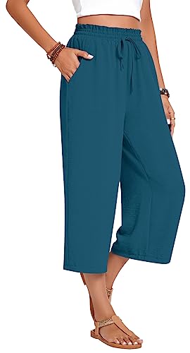 Image of Anyhold Women's Capri Pants Drawstring Casual Palazzo Trousers with Pockets Loose High Waisted Wide Leg Lounge Pants