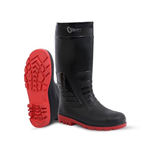 Robustt Steel Toe Lightweight Gum Boots | Standard Steel Safety Shoes | Size - 8 | Anti Slip, Waterpoof | Breathable Printed Leather Shoes | Puncture and Tear Resistant | For Industrial Use (Red)