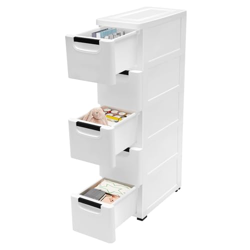 5-Tier Rolling Storage Cabinet, Slim Plastic Dresser with Wheels, 5 Deep Stackable Drawers Organizer for Bathroom, Kitchen & Small Spaces, Durable PP Material, 7.87”x15.75”x33.07