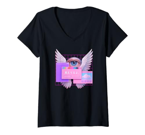 Mujer Ojo Con Alas Ordenador Glitch Seraphim Weirdcore Estética Camiseta Cuello V