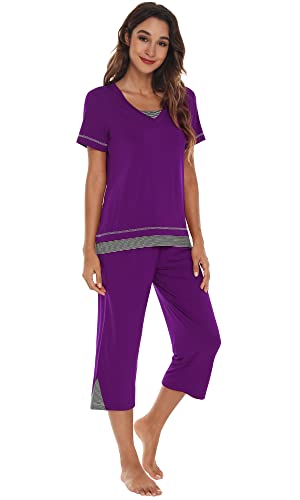 WiWi Conjunto de pijama de bambú para mujer, cuello en V, a rayas, suave y corto, con pantalones capri para descansar, ropa de descanso S-XXL, Púrpura/Ombre Force., Large