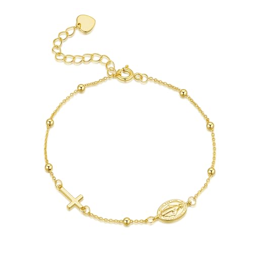 Gold Bracelets for Women 14K Gold Bracelets for Women Beaded Bracelet for Womens Combination of Beads Cross and Tiny Virgin Mary Badge Cross Bracelet for Womens