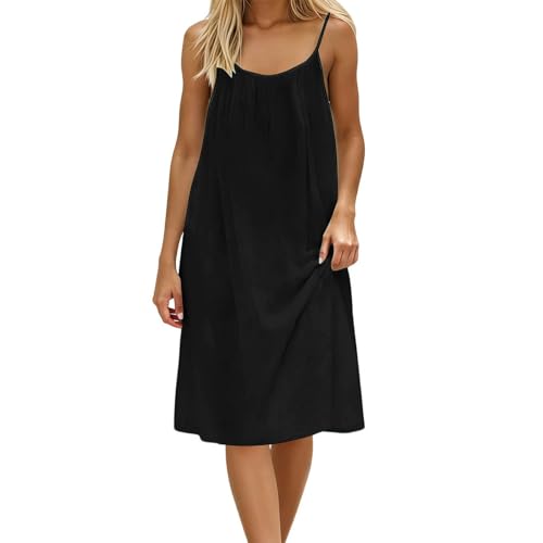 Vestido midi de lino y algodón para mujer, con tirantes delgados, ajuste holgado, plisado, sin espalda, casual, sin mangas, para vacaciones, playa, vacaciones, verano, color liso, vestido sin mangas