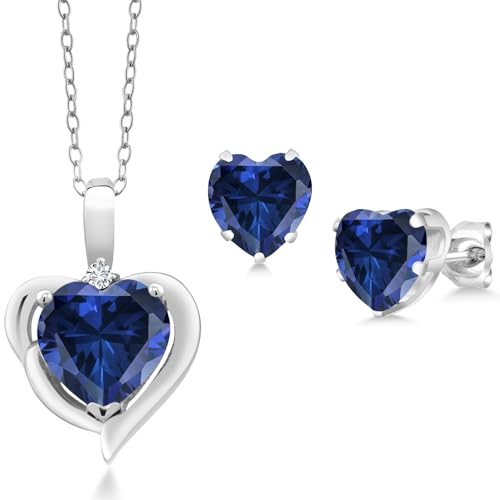 Gem Stone King 925 Sterling Silver Blue Created Sapphire And White Lab Grown Diamond Pendant Necklace Earrings Set For Women cover