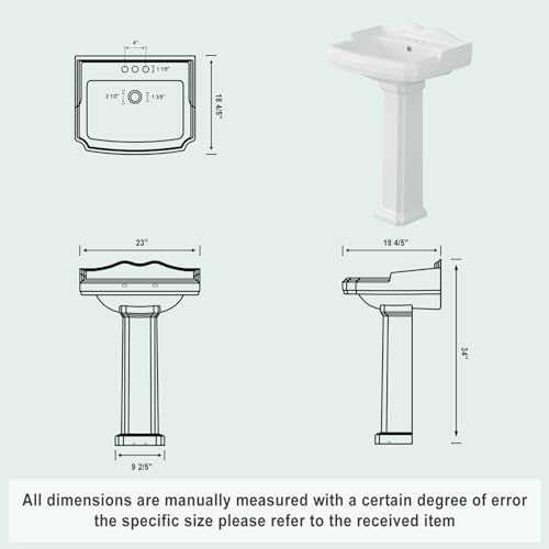Bathroom Pedestal Sink, 26 Inch x 22 Inch Rectangular Ceramic Basin with 3 Faucet Holes (4 Inch Centerset), Ideal for Family Bathrooms