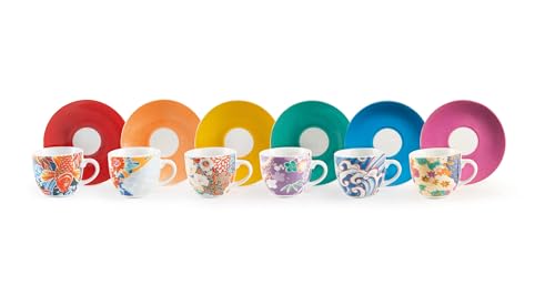 Excelsa Kimono Set 6 Tazzine da caffè con Piattino, Porcellana, Multicolore