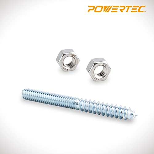 Image of POWERTEC QHB1001 Hanger Bolts 5 /16-18 x 3 Inch, 50 Pack with 2 Piece Bolt Installation Hex Nuts