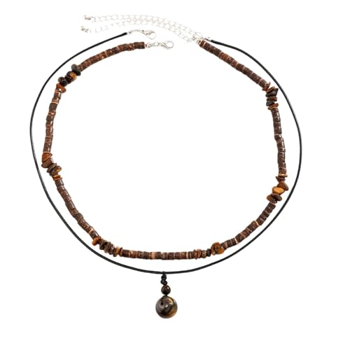 Collier homme pierre naturelle marron et perles bois ciré de finition artisanale vintage