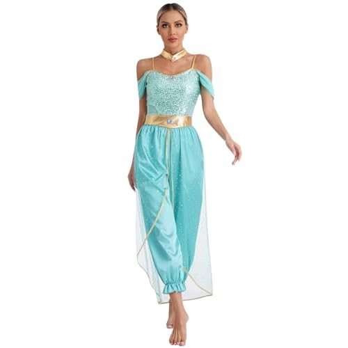 Freebily Disfraz Princesa Árabe Mujer Ropa Árabe India Sin mangas Traje de Danza del vientre Disfraz para Cosplay Halloween Carnaval Turquesa M