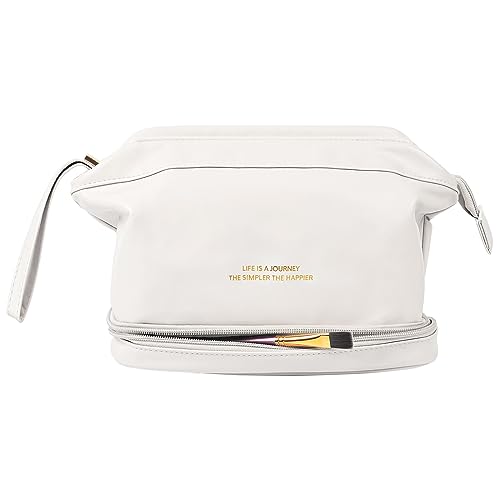Travel Makeup Bag,Large Double Layer Cosmetic Bag,Waterproof Leather Make up Bag, Portable Toiletry Bag for Women and Girls,Cosmetic Bag Travel Organizer Storage with Zipper for Travelling (White)