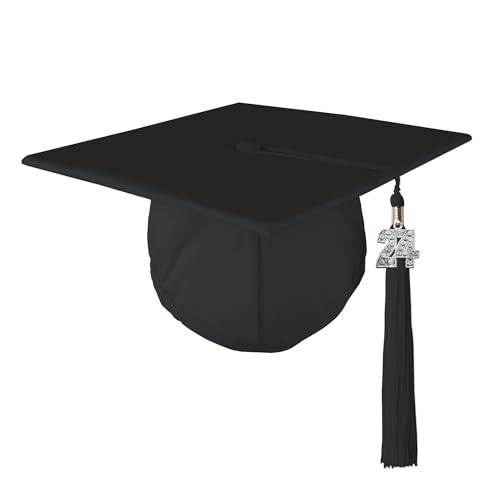 Class Act Graduation Adult Unisex Matte Graduation Cap with Matching Bling Charm Tassel, Black