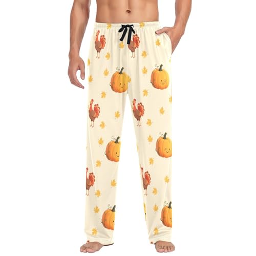 Autumn Fall Thanksgiving Pumpkin Yellow Men's Pajama Pants Cotton Sleep Bottoms with Drawstring A2304498